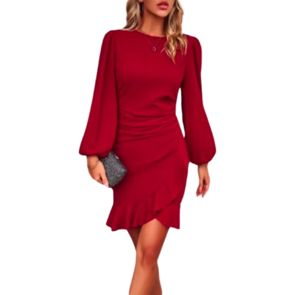 Women's Ribbed Long Puff Sleeve Ruffle Hem Mini Dress - Picture 1 of 5